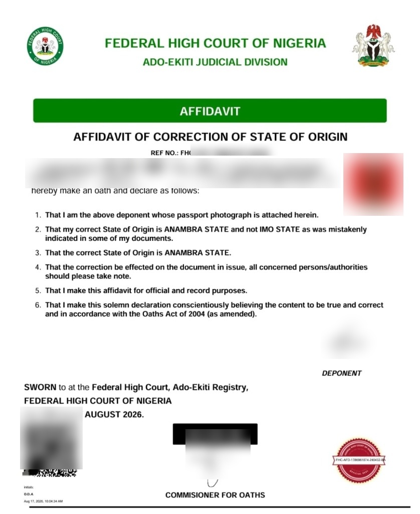 Sample Federal High Court Affidavit