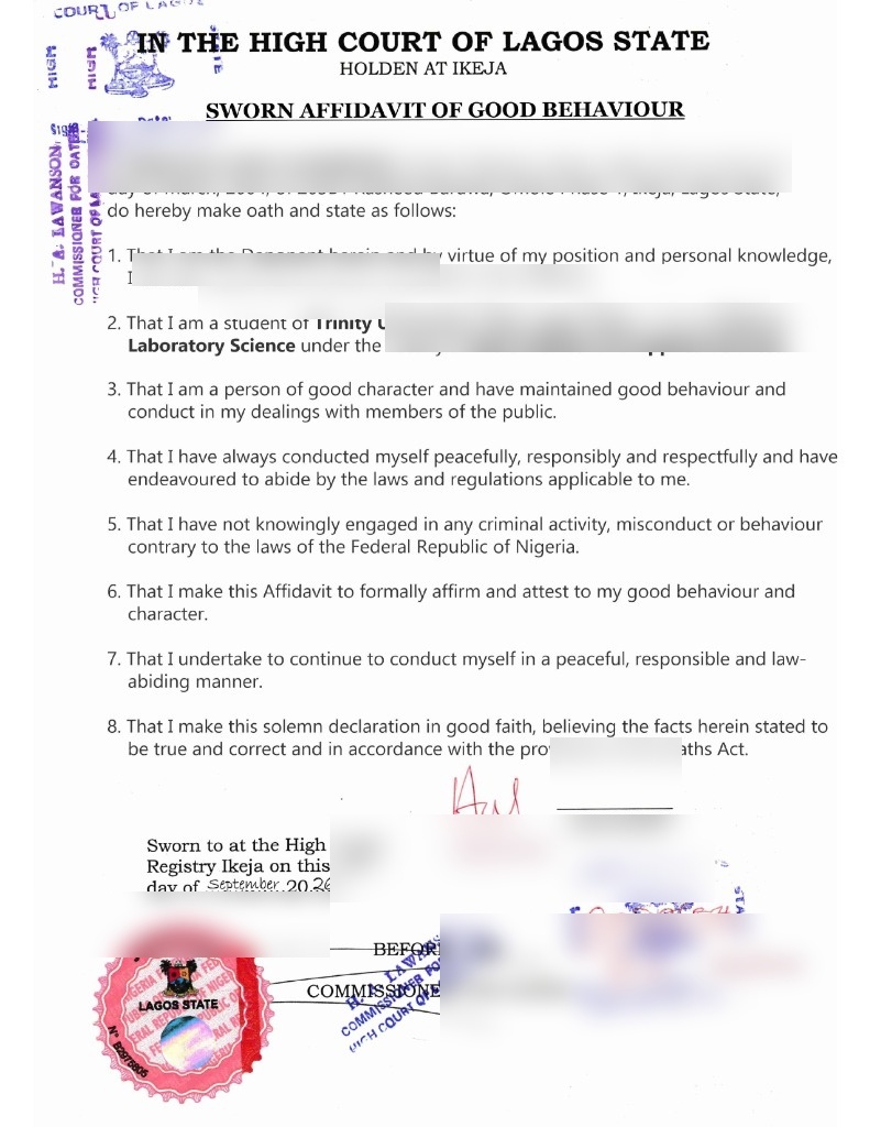 Sample High Court Sworn Affidavit